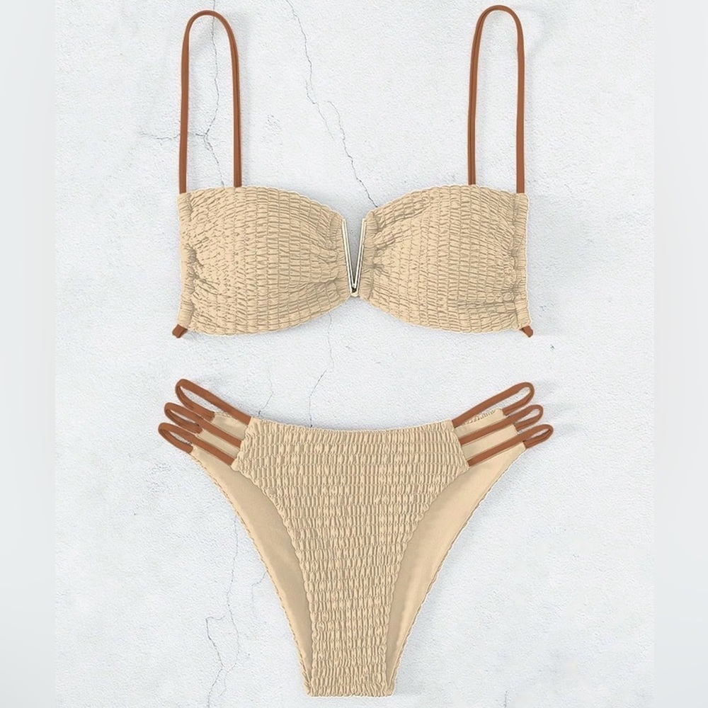 Bandeau Shirred V Wire High Cut Strappy Bottom Bikini
